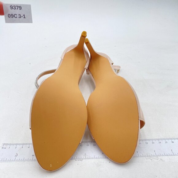 XYD Light Pink Open Toe Rhinestones Ankle Strap Mid Heel Back Zip Satin Sandals - Picture 7 of 8